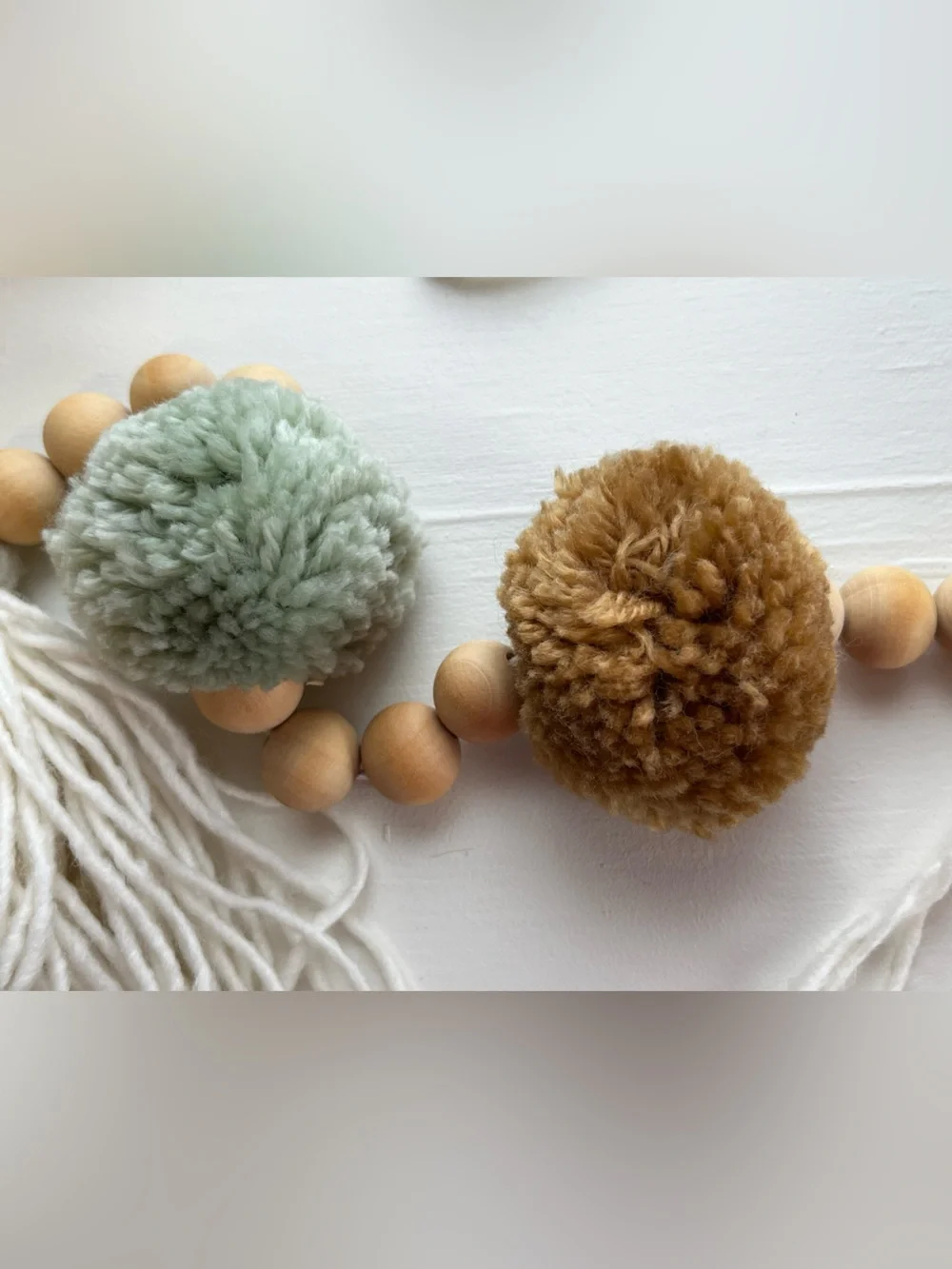 6 Ft Boho Wood Bead Garland Tassels Sage Green Pom Poms Farmhouse Dec
